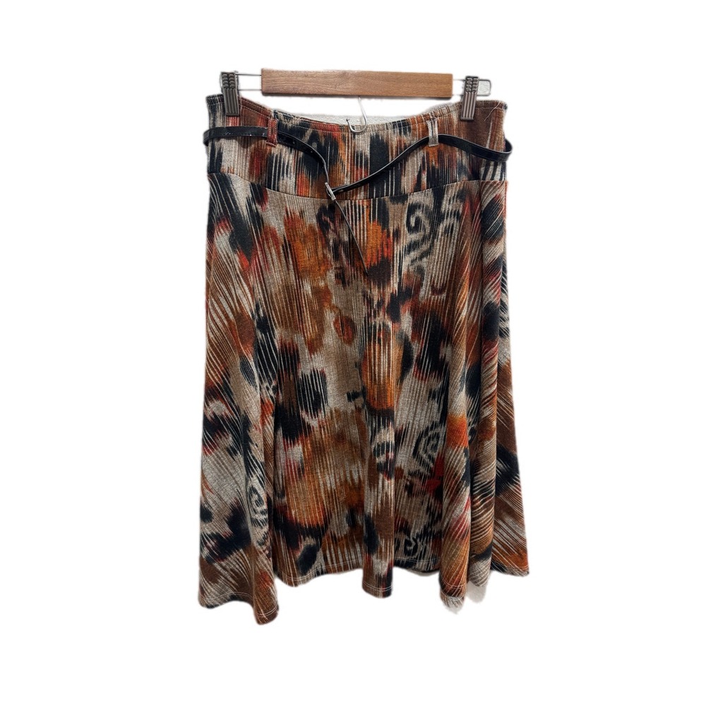 Lapis Ikat Print Ribbed Knit Midi Skirt Womens L Rust Orange Excellent Belted